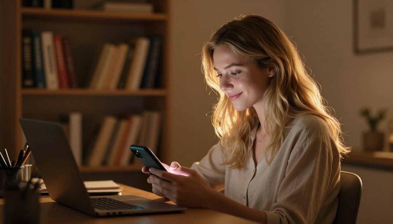 Young blonde woman in cozy home office at night, warm amber lamp light, peaceful expression while typing on phone