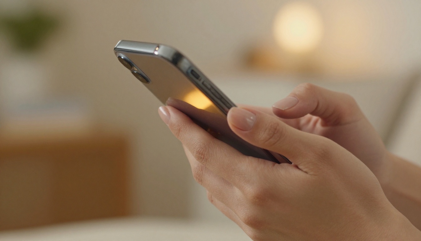 Close-up of feminine hands holding smartphone, warm amber screen glow, creamy bokeh background