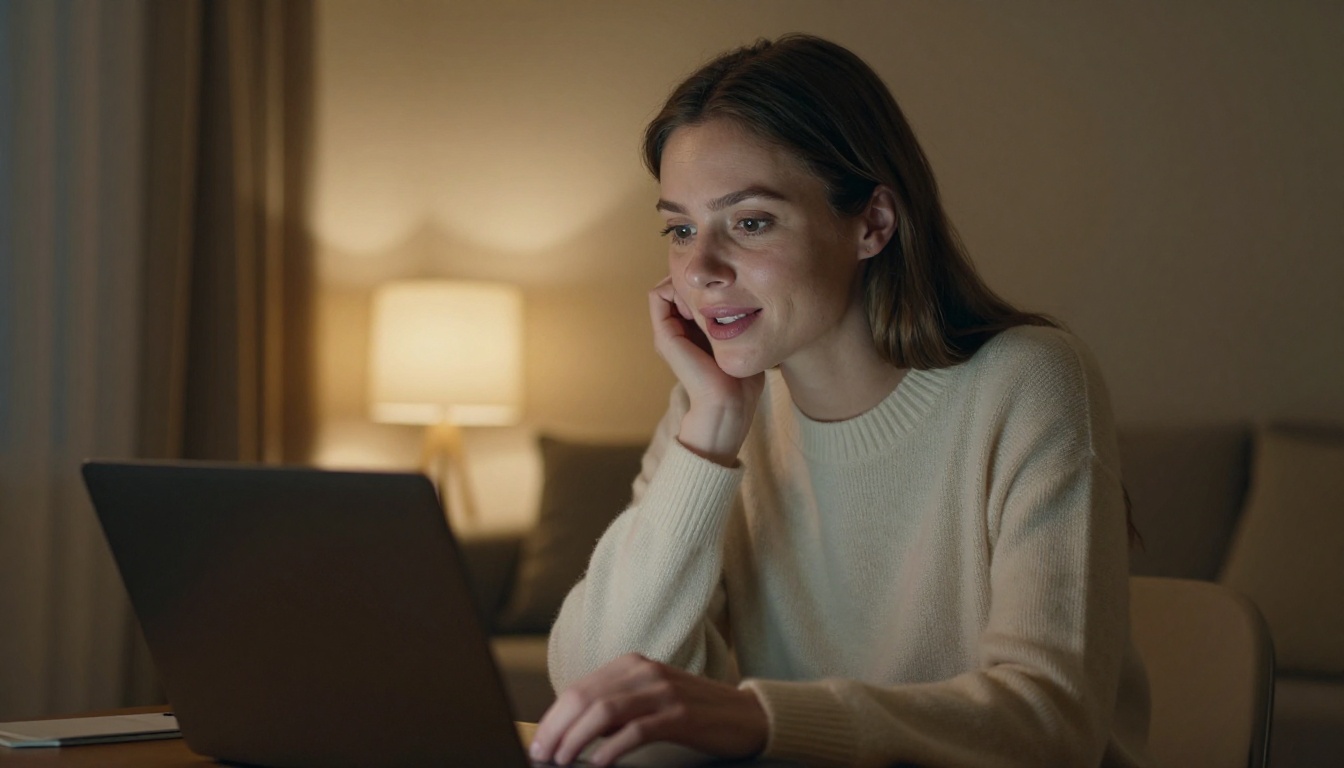 Beautiful European woman in cream cashmere sweater, engaged and smiling at laptop screen, warm amber room lighting at dusk