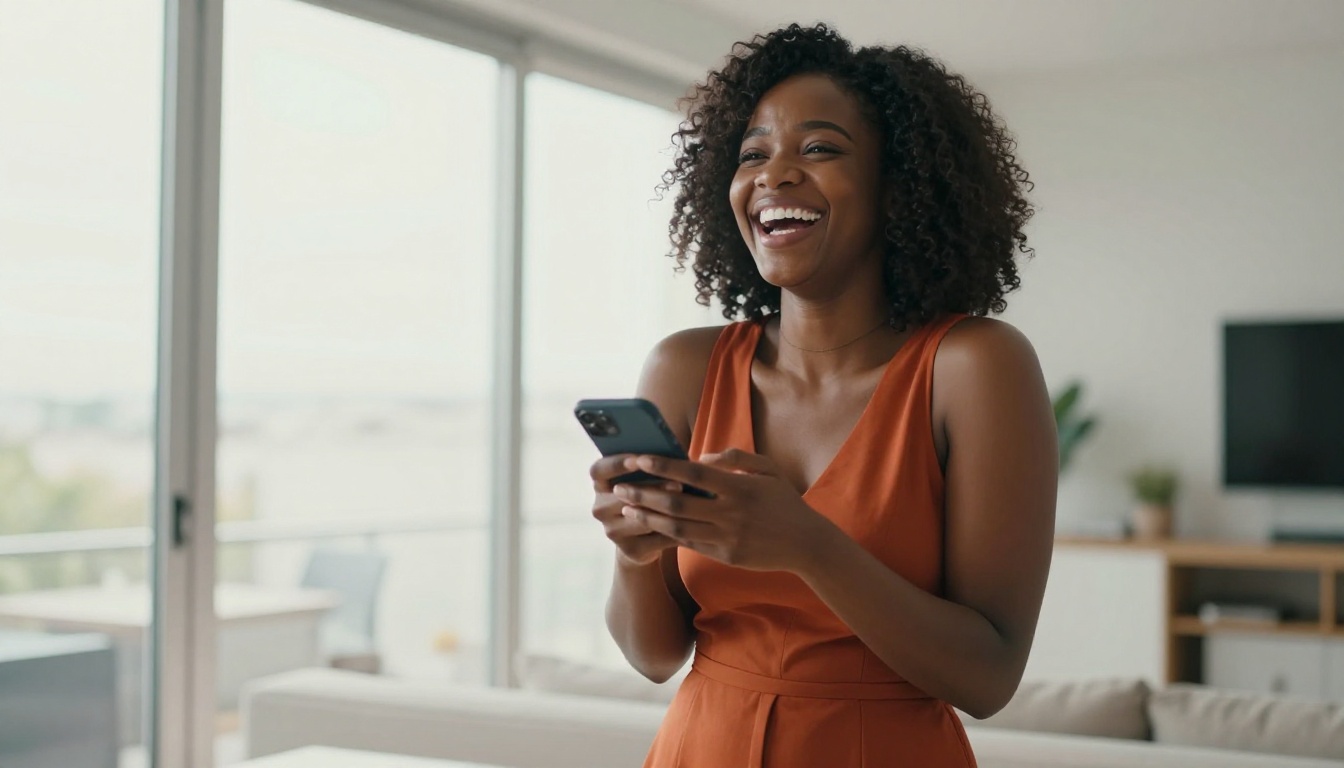 Radiant African woman in rust-orange sundress, laughing freely with phone to her chest, bright backlit modern apartment
