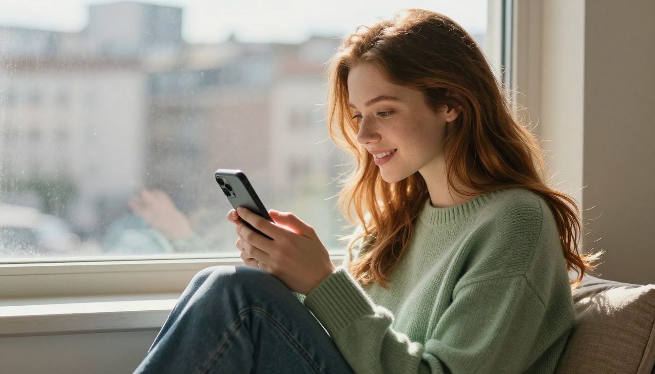 Young woman with auburn hair on window seat, warm volumetric daylight, deeply absorbed in phone conversation, sage green knit sweater