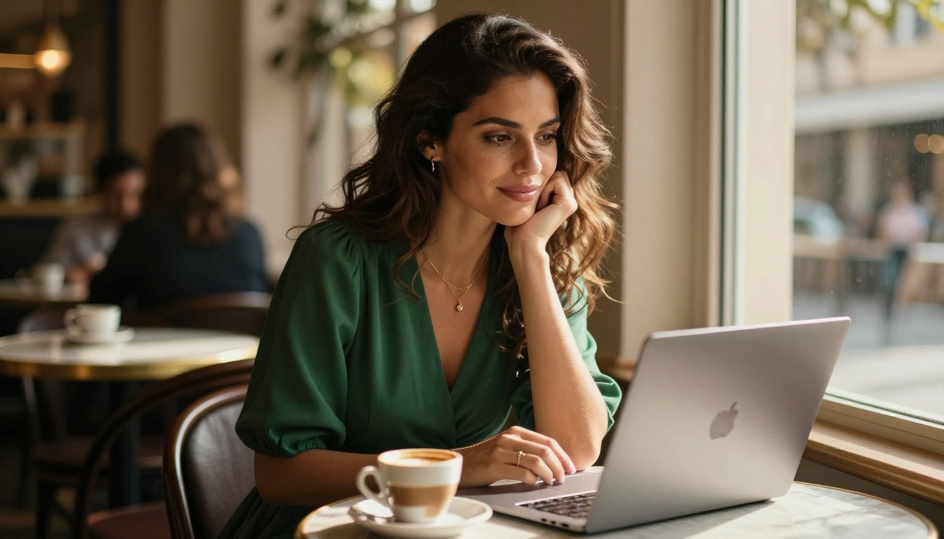 Beautiful woman at a sunlit cafe with a laptop open, thoughtfully evaluating her options