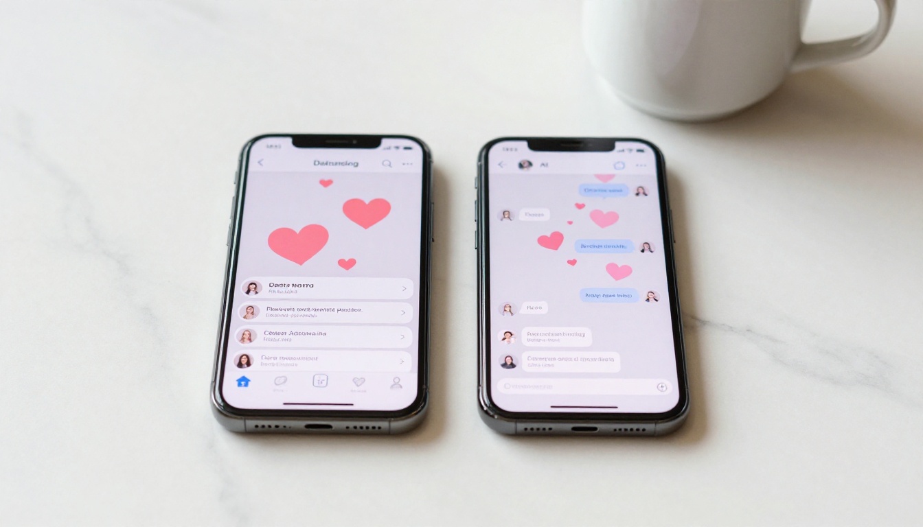 Two modern smartphones side by side on marble, one showing a dating app, one showing an AI chat interface