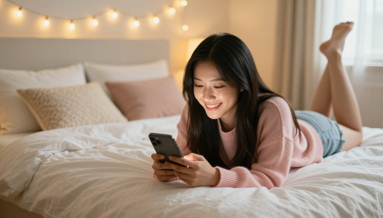 Asian woman smiling warmly at her phone, cozy bedroom surrounded by warm fairy lights