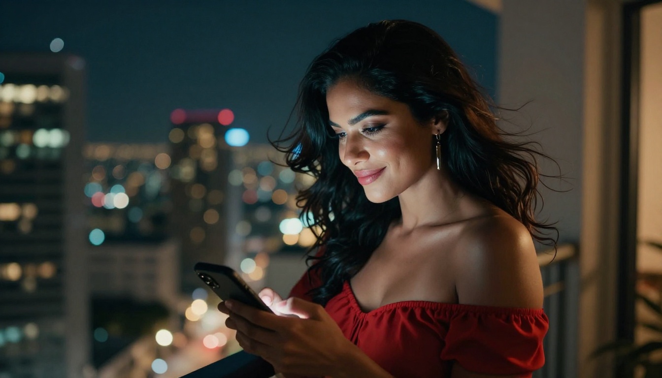 Confident Latina woman on a balcony at night, city lights below, playful smile at her phone