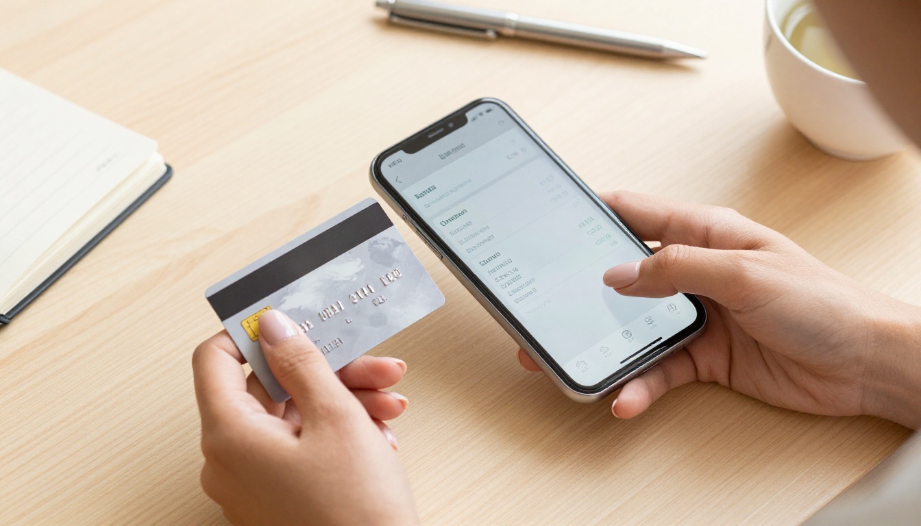 Woman's hands holding a credit card and smartphone, comparing subscription costs on screen