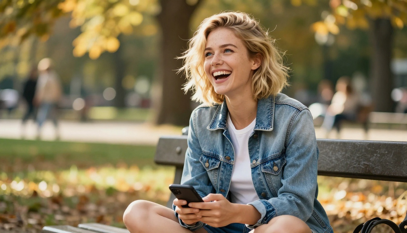 European woman mid-laugh in a sunlit park, looking at her phone, dappled golden light