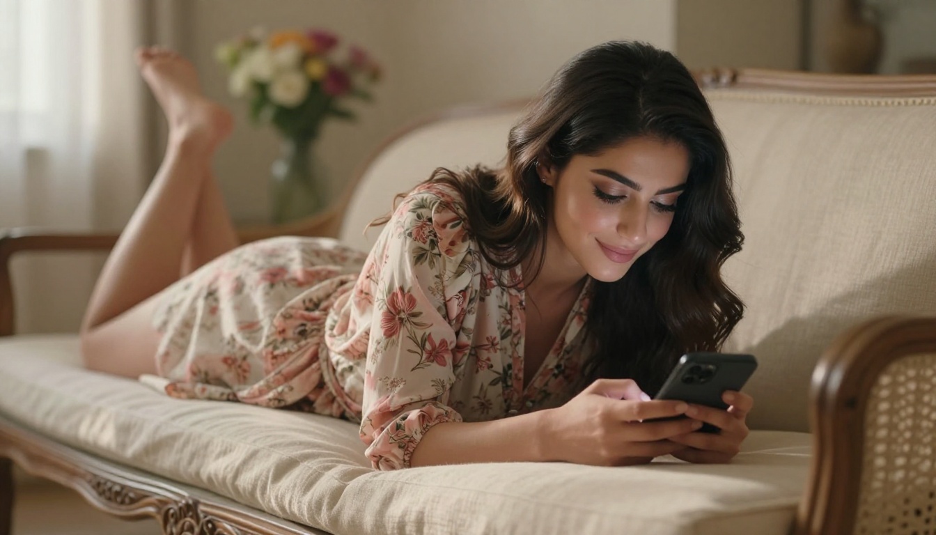 Middle Eastern woman lying on a cream daybed, soft diffused afternoon light, peaceful expression
