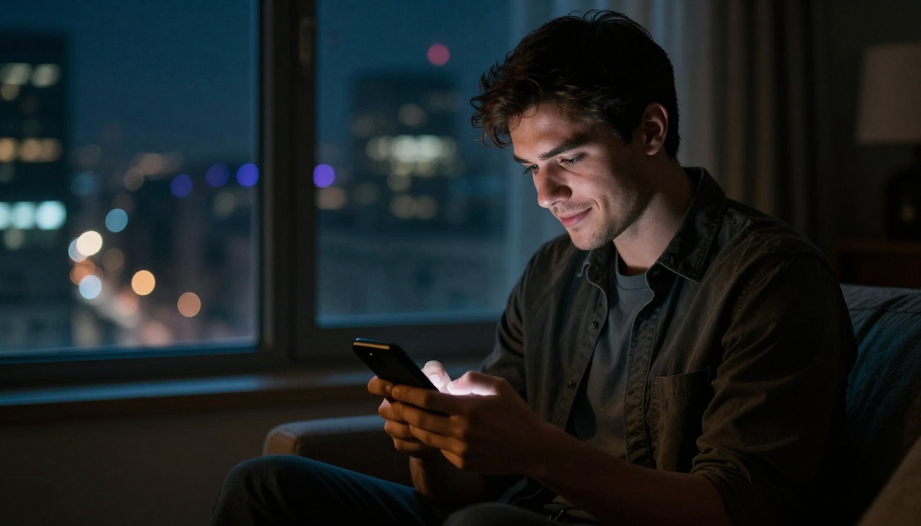 Man in a dark room, illuminated only by his phone screen, thoughtful expression, city lights behind him
