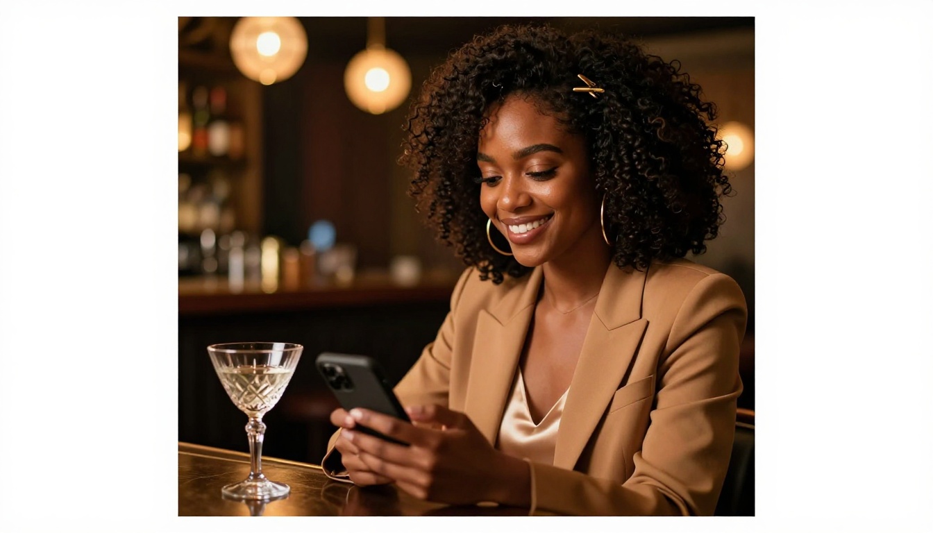 Stylish woman at a bar with a cocktail, warm amber light, smiling at her phone