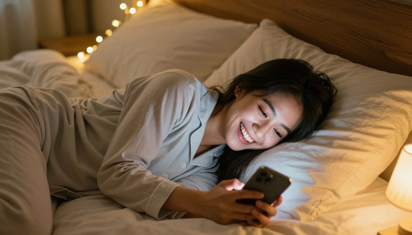 Asian woman laughing genuinely at her phone in cozy bedroom