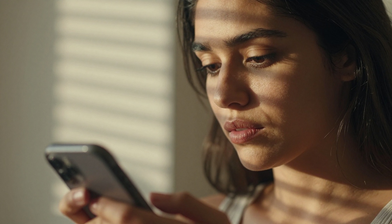 Latina woman typing a heartfelt message on her phone at golden hour