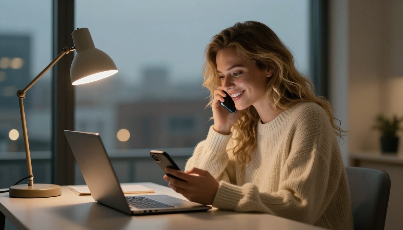 European woman at minimalist desk at night deep in meaningful conversation