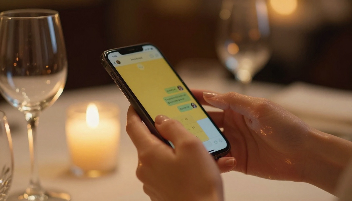 Woman's hands holding phone with candlelight and wine glass in intimate setting