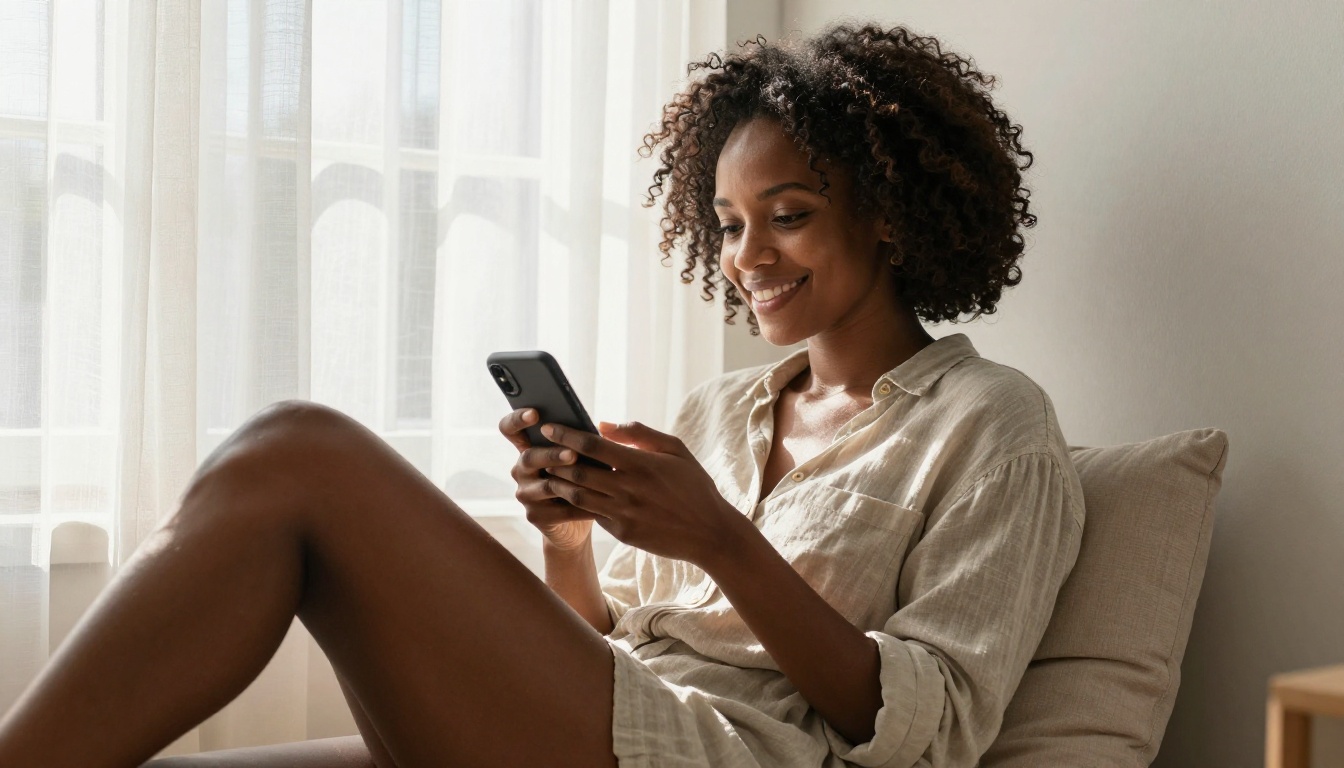 African American woman in window seat reading heartfelt messages with warm smile