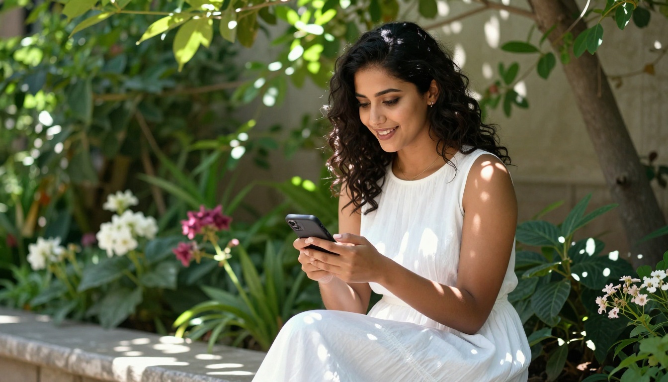 Middle Eastern woman in a garden smiling with emotional warmth at her phone