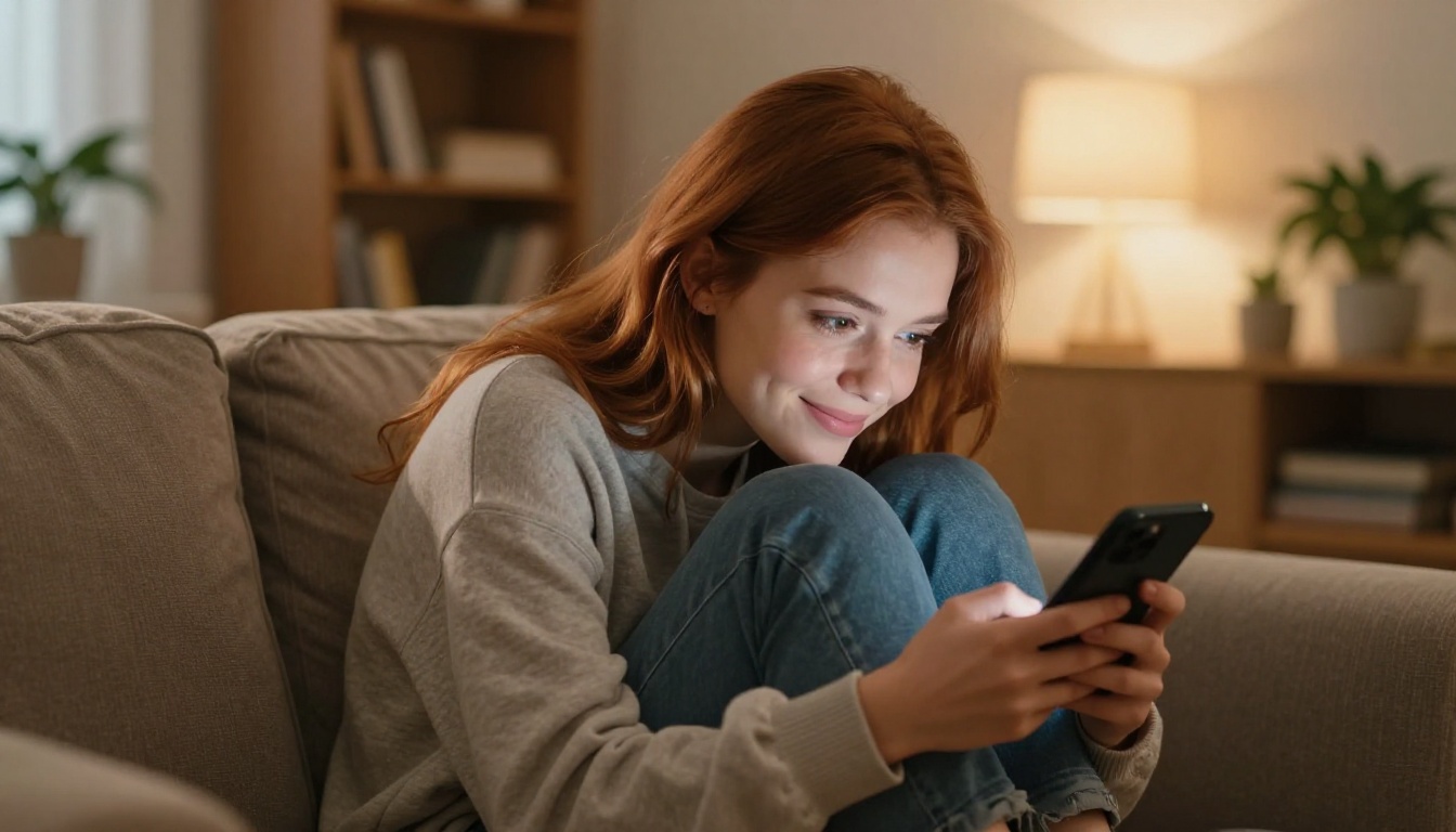 Woman with auburn hair on sofa smiling tenderly at phone with emotional openness