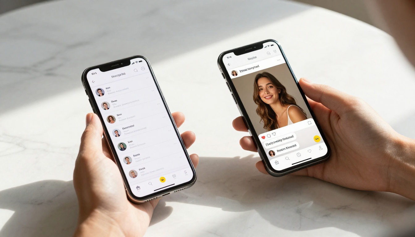 Two smartphones side by side showing dating app versus AI companion conversation
