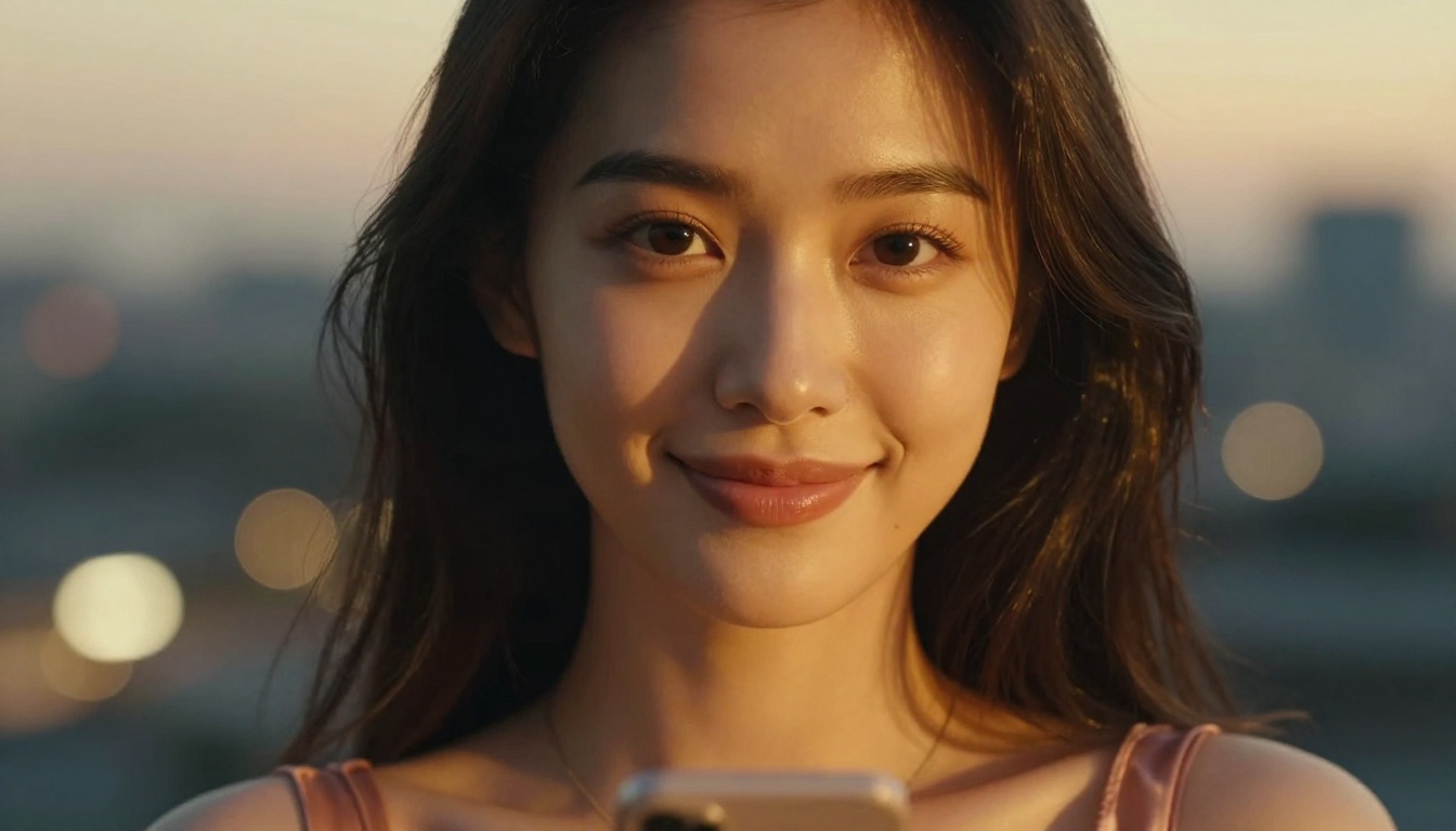 Close-up portrait of a stunning Asian woman with luminous skin, direct warm eye contact, holding a smartphone against her chest