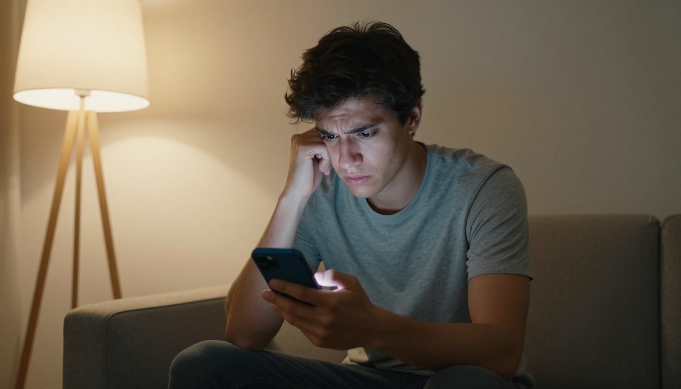 A young professional man scrolling through a dating app with mild frustration, blue screen light on his face