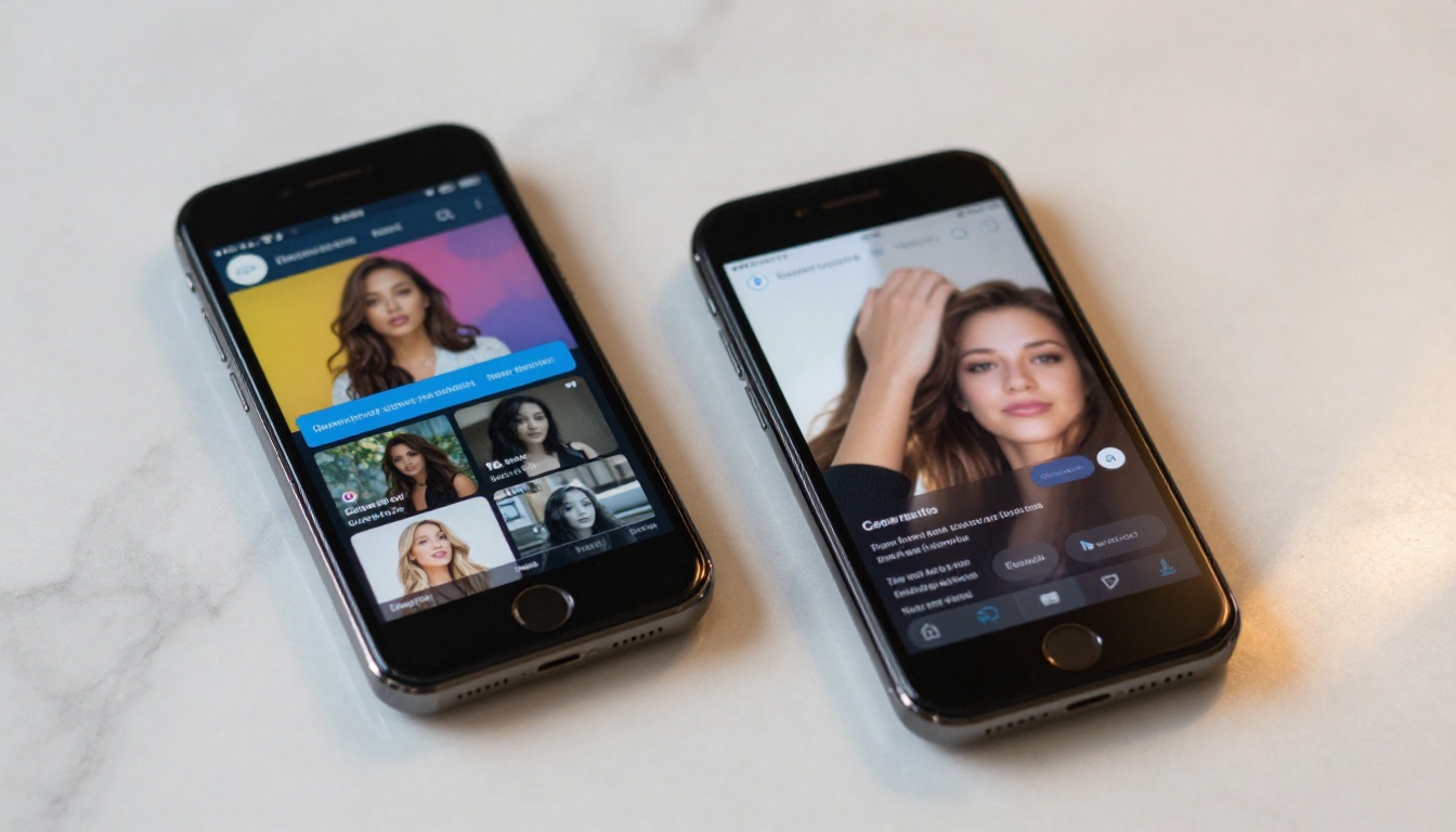 Two smartphones side by side on a marble surface showing a dating app and an AI companion chat