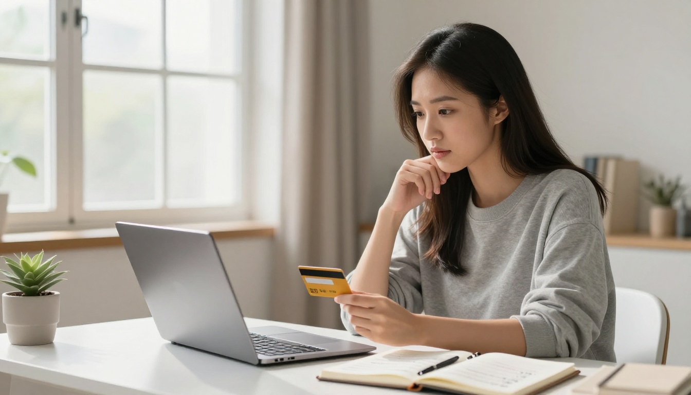 Young Asian woman holding a credit card while reviewing subscription pricing on a laptop