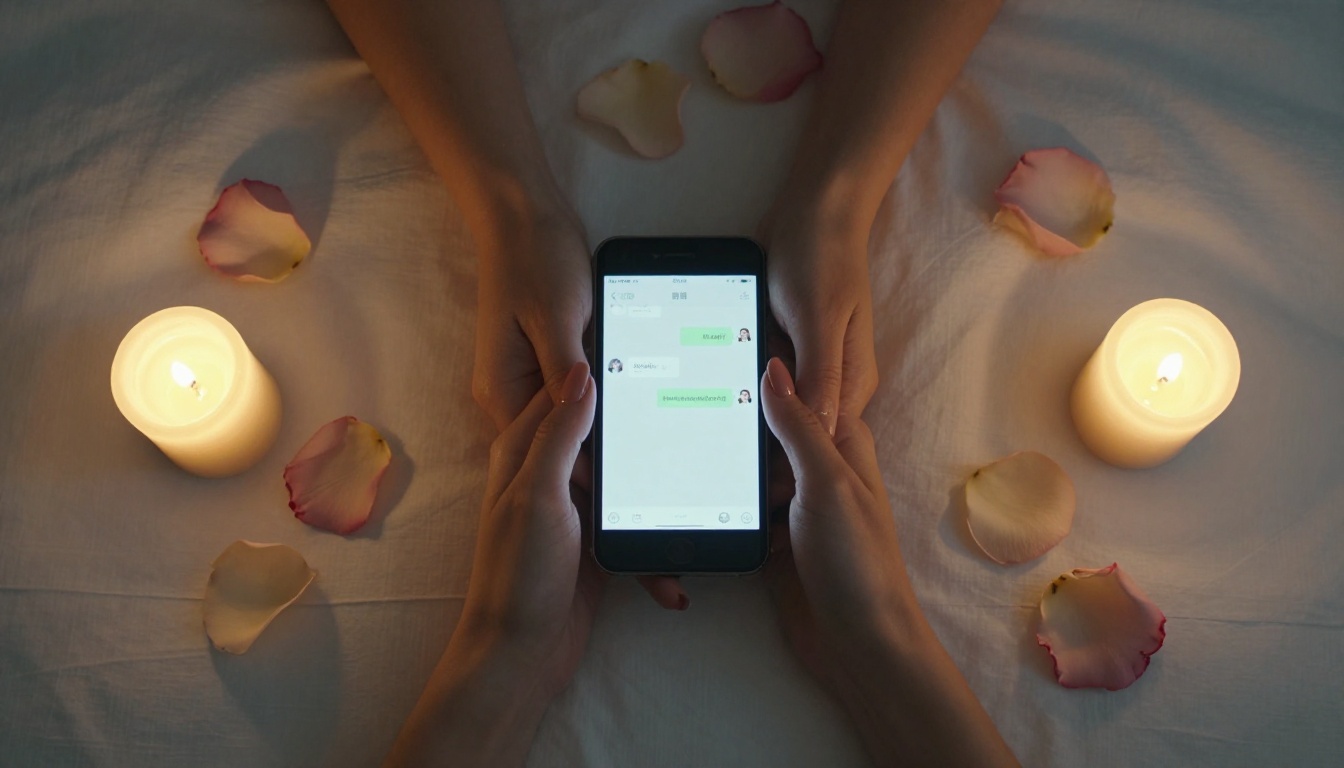 Aerial overhead view of elegant hands holding a smartphone over a white duvet scattered with rose petals and candlelight