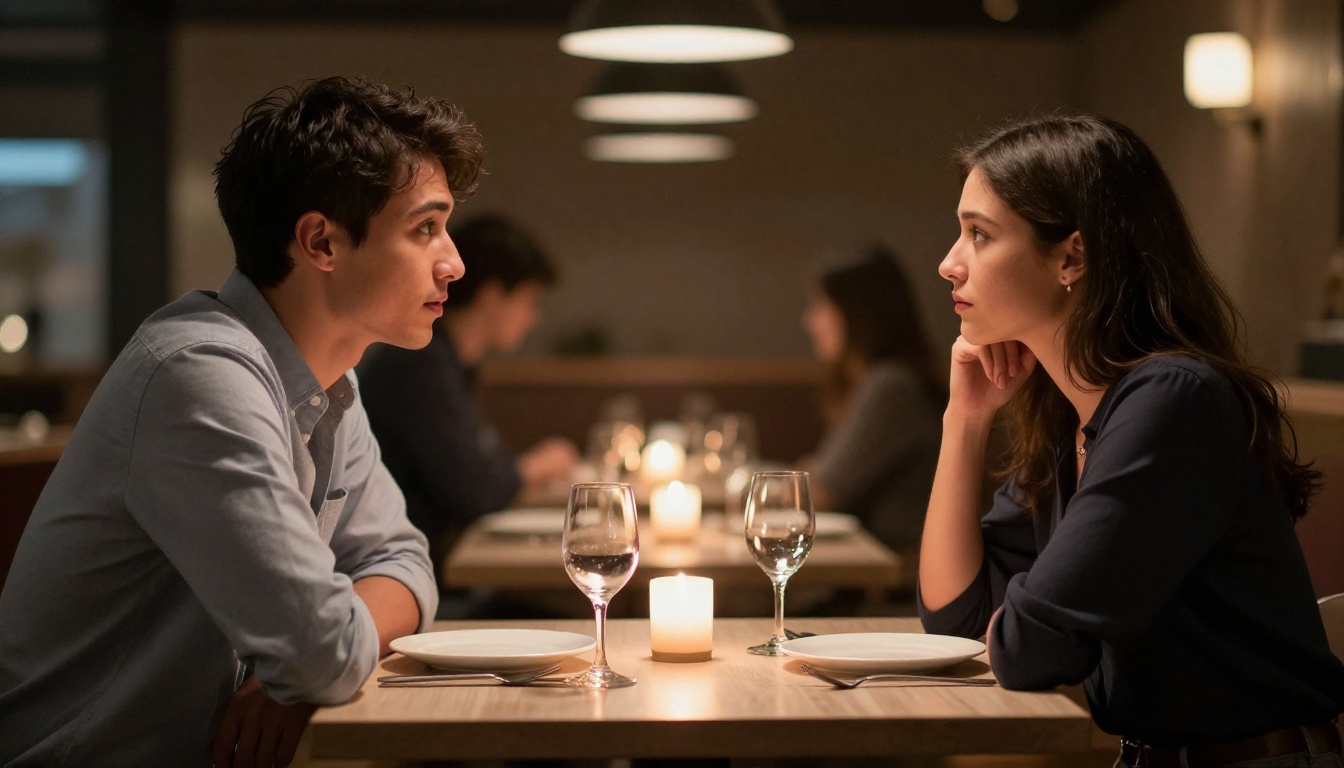 Young couple on a first date at a restaurant, slight tension in their body language under candlelight
