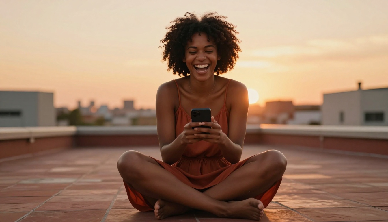 A stunning African American woman sitting cross-legged on a rooftop terrace at golden hour, laughing freely with phone in hand