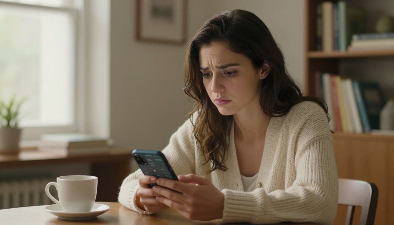 A woman sitting at a coffee table looking at a dating app with a subtle expression of hesitation, soft morning light, cozy living room