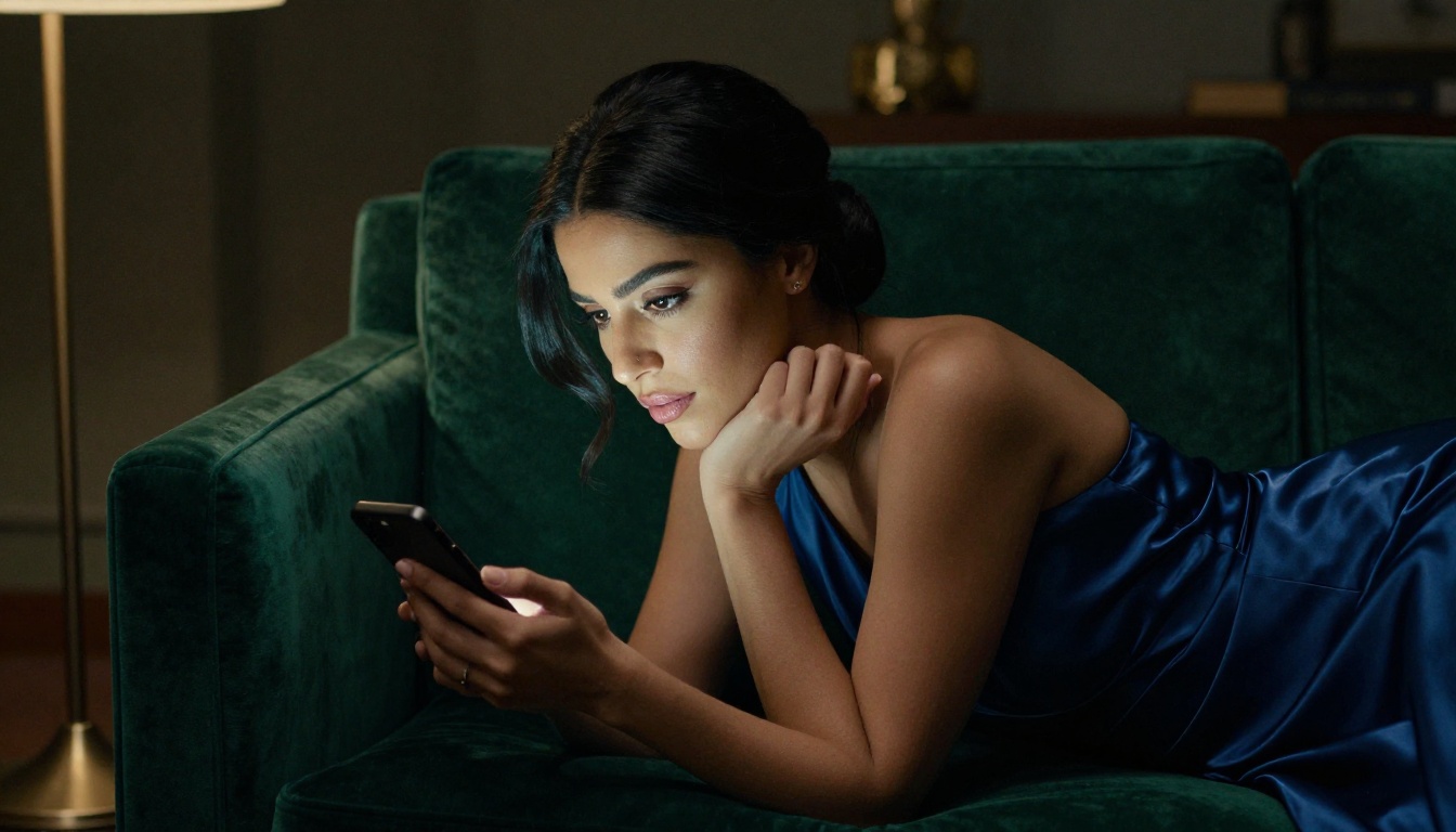A beautiful Middle Eastern woman with dark almond eyes reclining on an emerald velvet sofa, phone glowing warmly in a dimly lit room