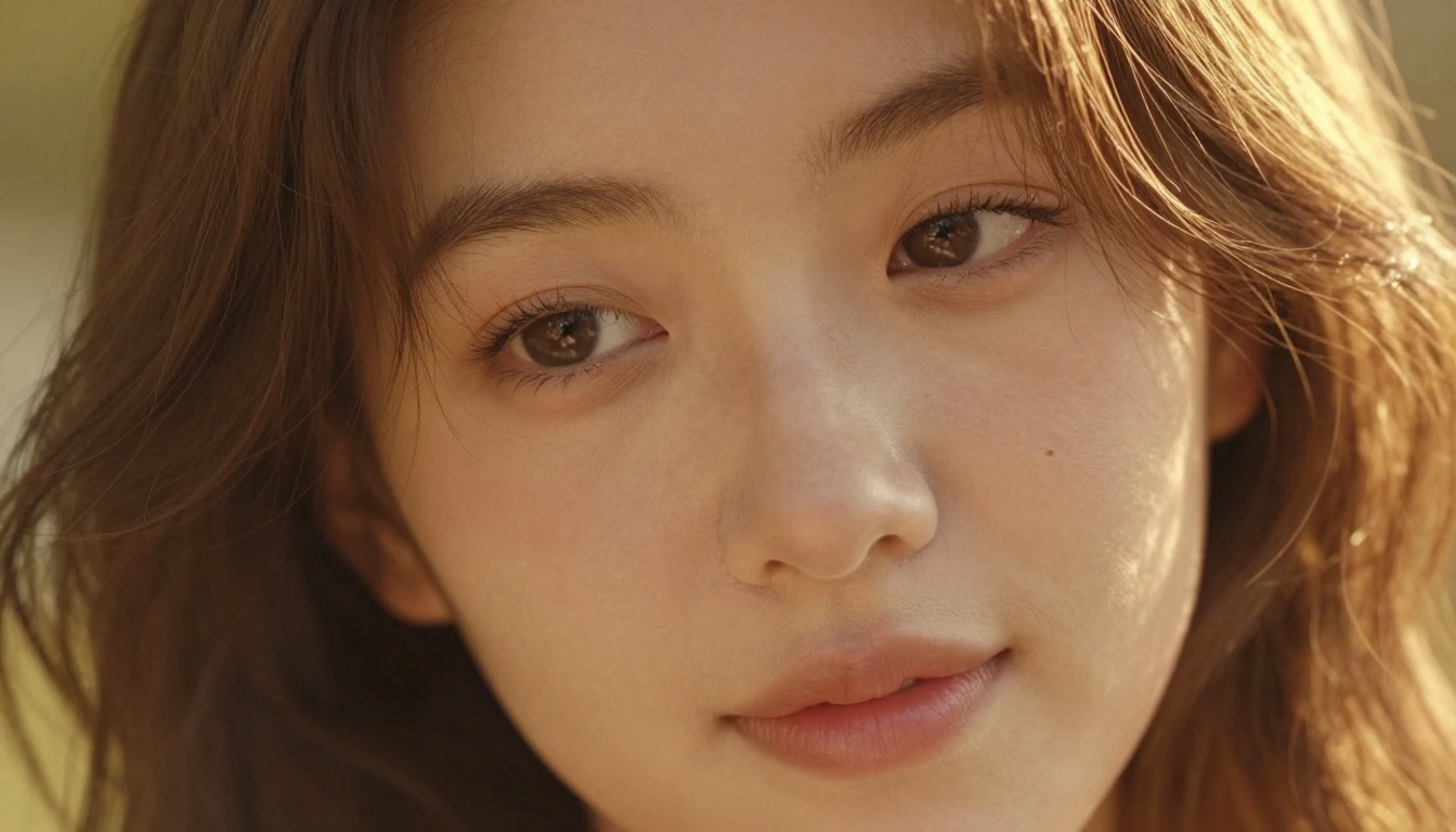 Extreme close-up of a young woman's face, eyes soft and dreamy with a small private smile, warm golden backlight in her hair