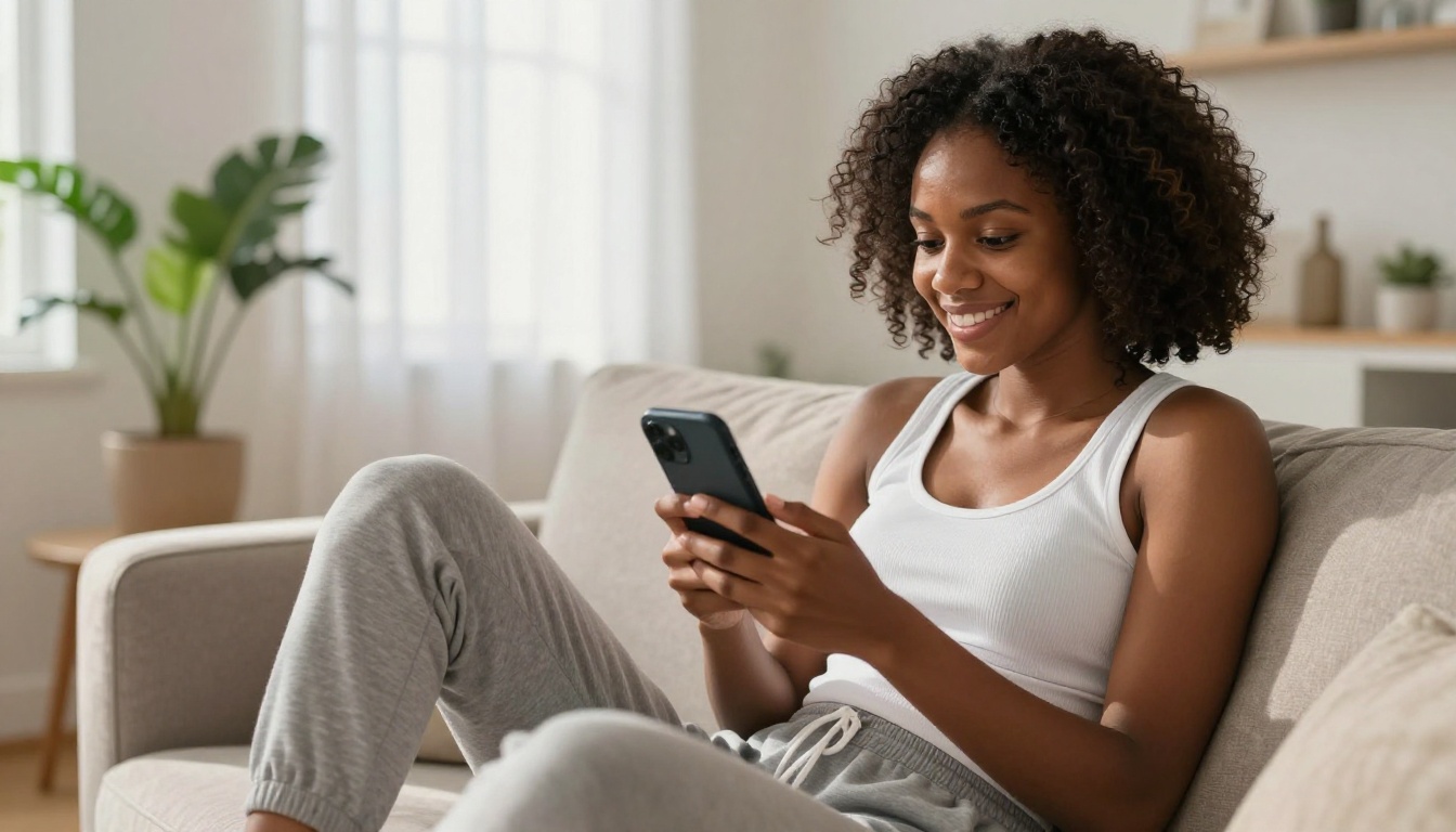Young Black woman smiling warmly at her smartphone in a bright modern living room