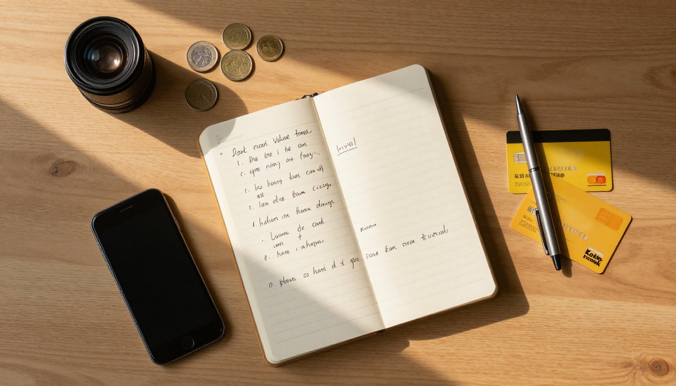 Overhead flat-lay of a desk with a notebook, smartphone, coins, and credit cards under warm afternoon light