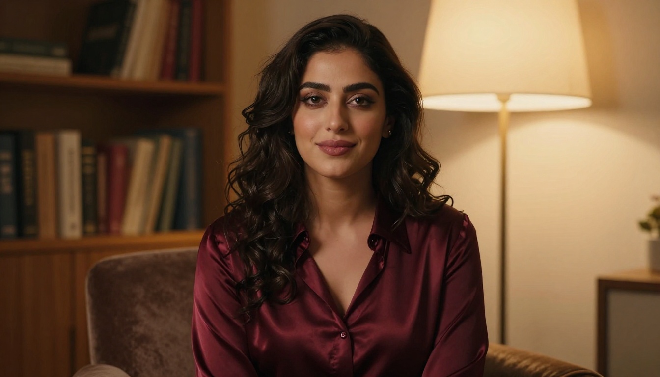 Attractive Middle Eastern woman seated in a velvet armchair, warm amber lamp light, looking directly at camera with a thoughtful smile