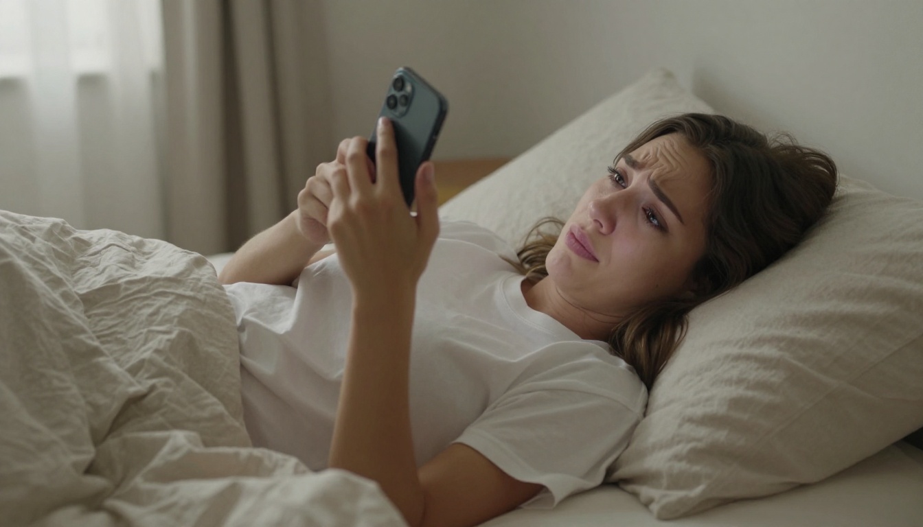 Woman frustrated scrolling through dating app on her phone in bed Woman frustrated scrolling through dating app on her phone in bed