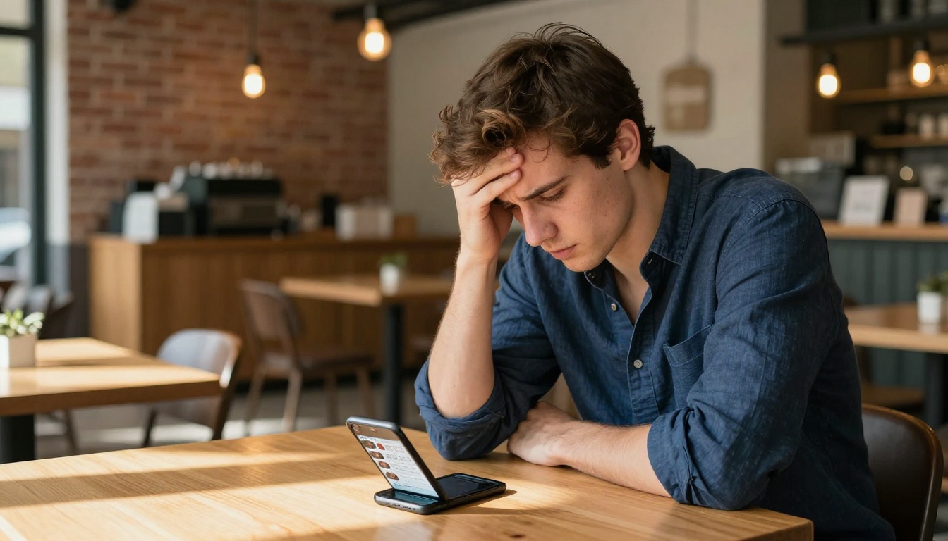 Frustrated man checking dating app at a cafe