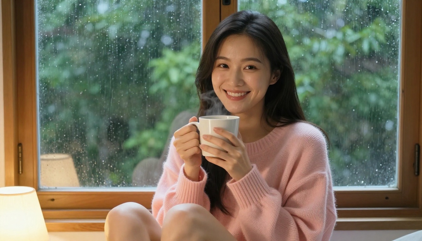 Beautiful Asian woman smiling warmly on a cozy window seat Beautiful Asian woman smiling warmly on a cozy window seat