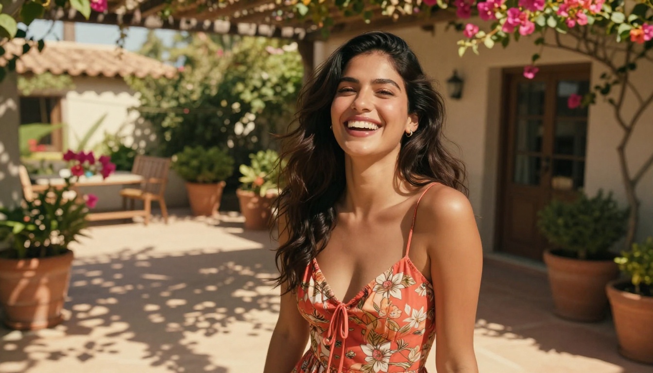 Radiant Latina woman laughing on sun-drenched terrace Radiant Latina woman laughing on sun-drenched terrace