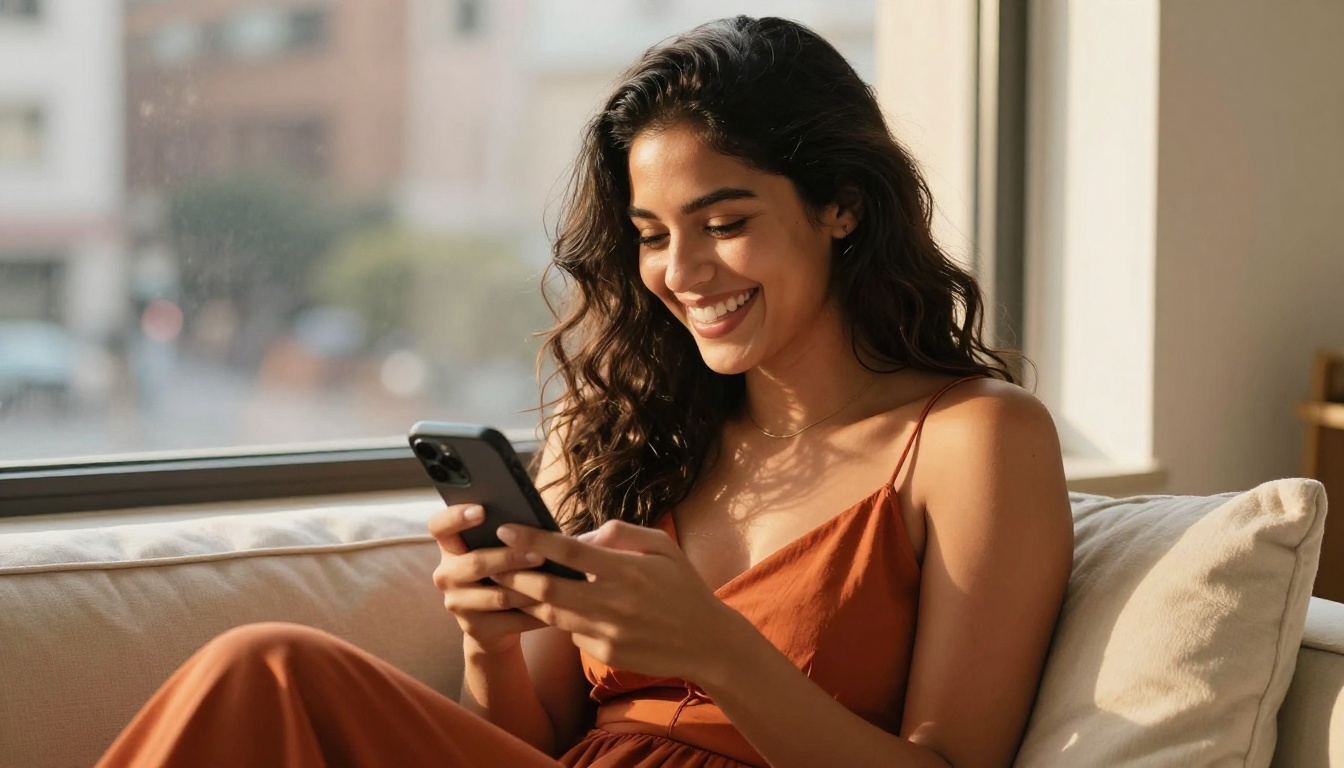 Latina woman laughing genuinely at her phone