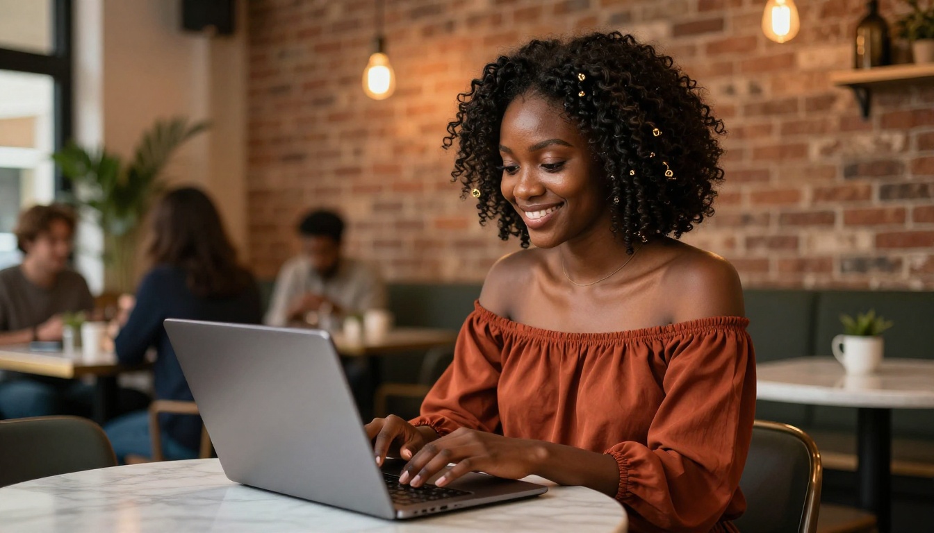Beautiful African woman at a café, smiling warmly at her laptop Beautiful African woman at a café, smiling warmly at her laptop