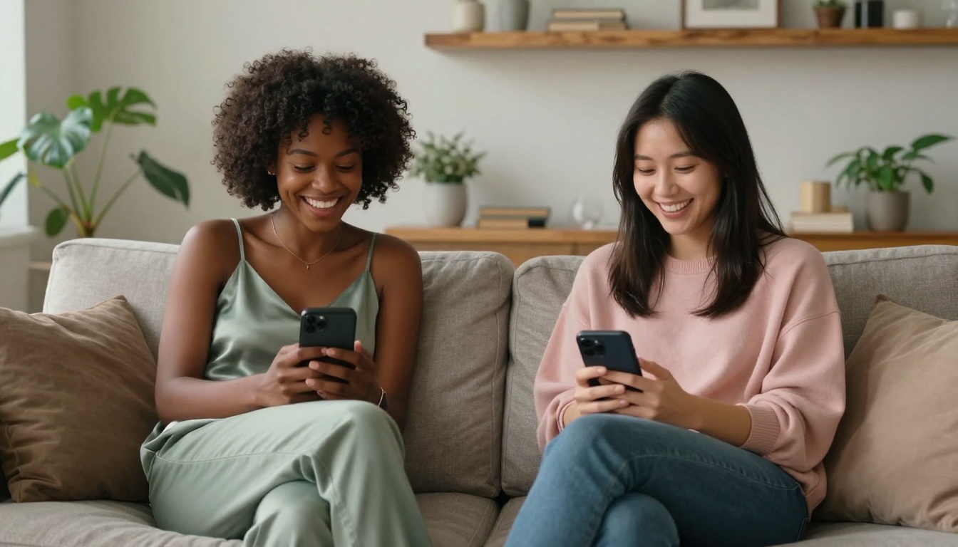 Two women of different backgrounds enjoying connection on their phones