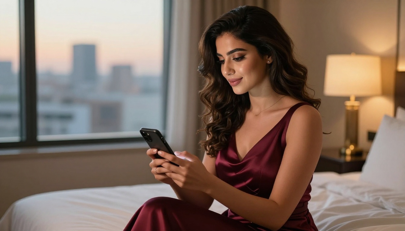 Middle Eastern woman holding phone with a soft knowing smile