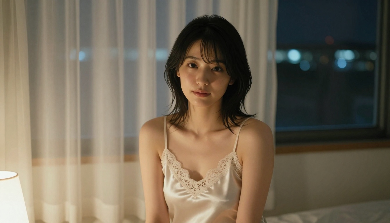 Beautiful Japanese woman in serene bedroom, intimate candid portrait Beautiful Japanese woman in serene bedroom, intimate candid portrait