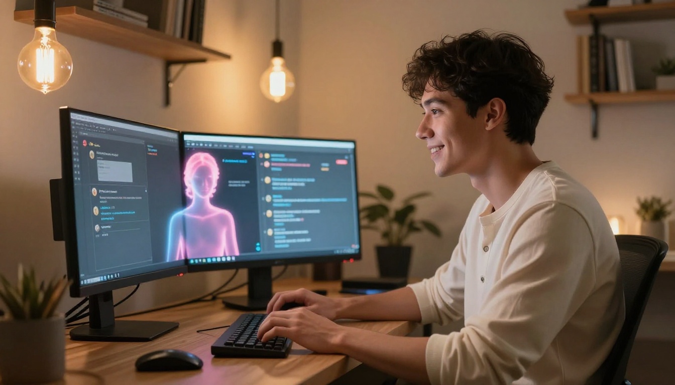 Man engaged in warm conversation with AI companion at home