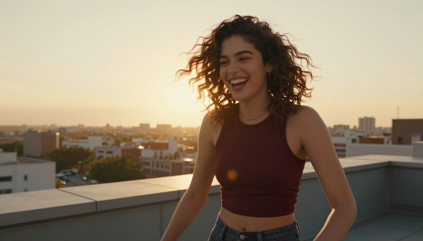 Woman with curly hair laughing freely on golden hour rooftop Woman with curly hair laughing freely on golden hour rooftop