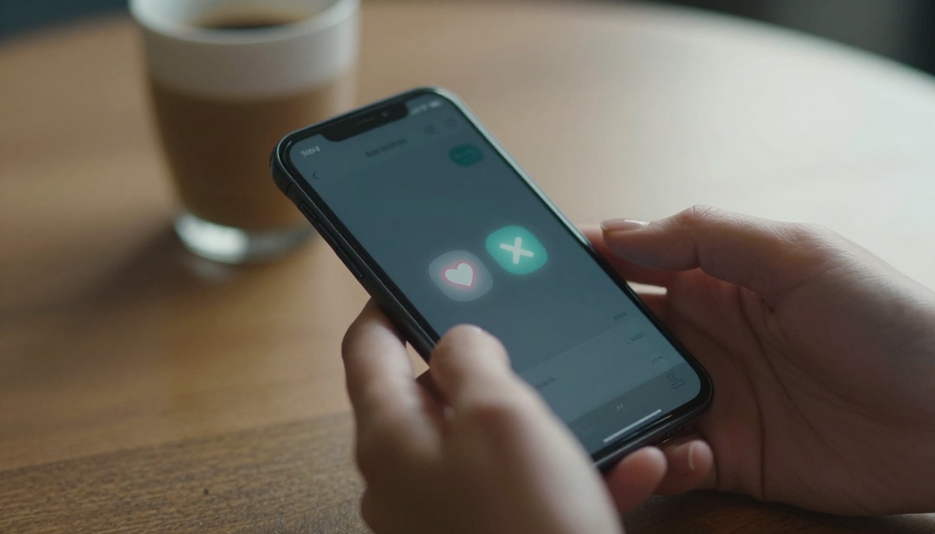Hands swiping on a dating app interface, warm cafe light