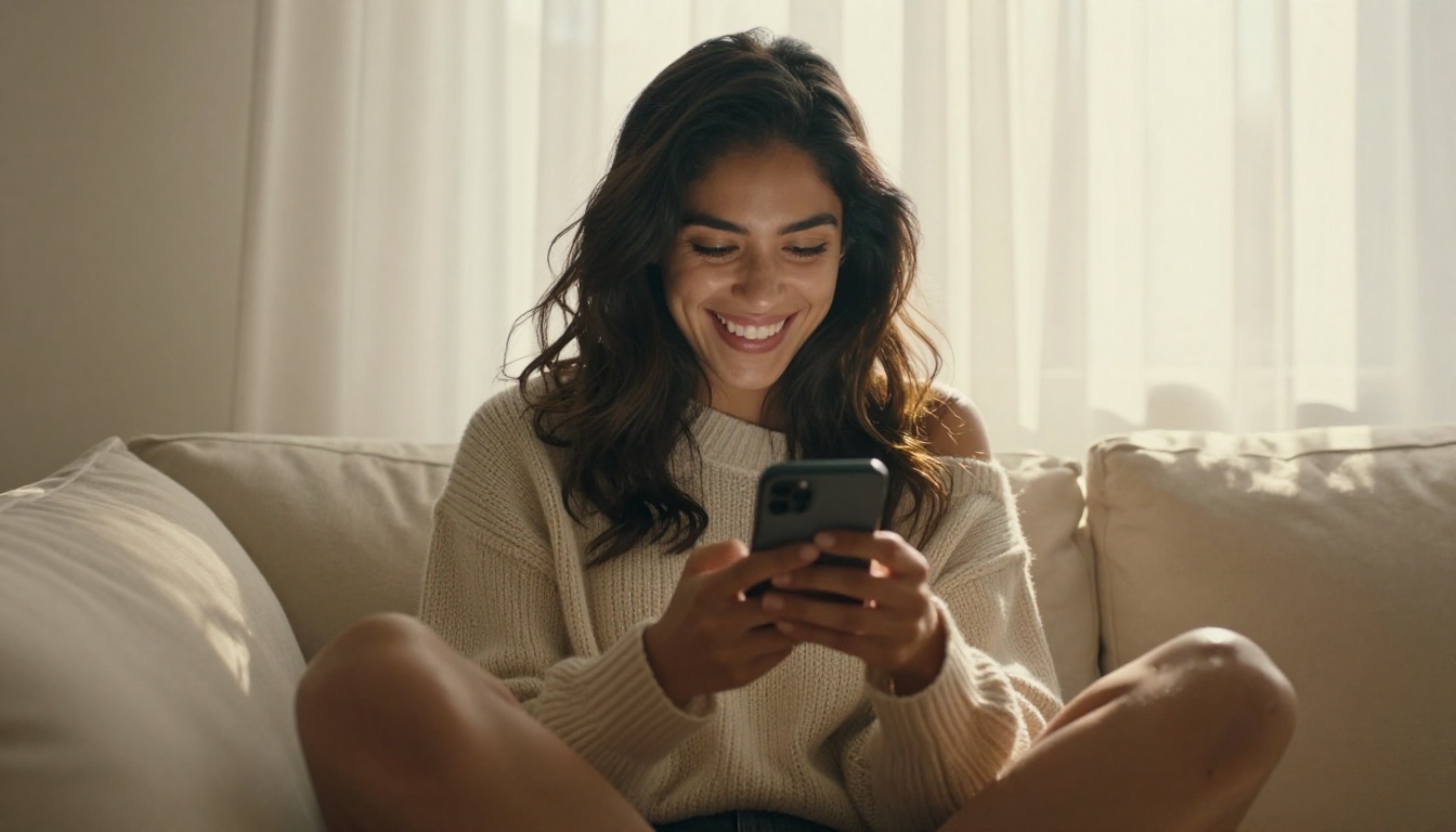 Latina woman laughing at her phone on a cream sofa, golden afternoon light