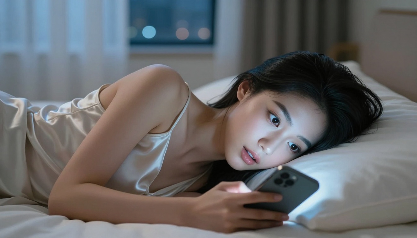 Asian woman lying in bed looking at phone screen with soft glow
