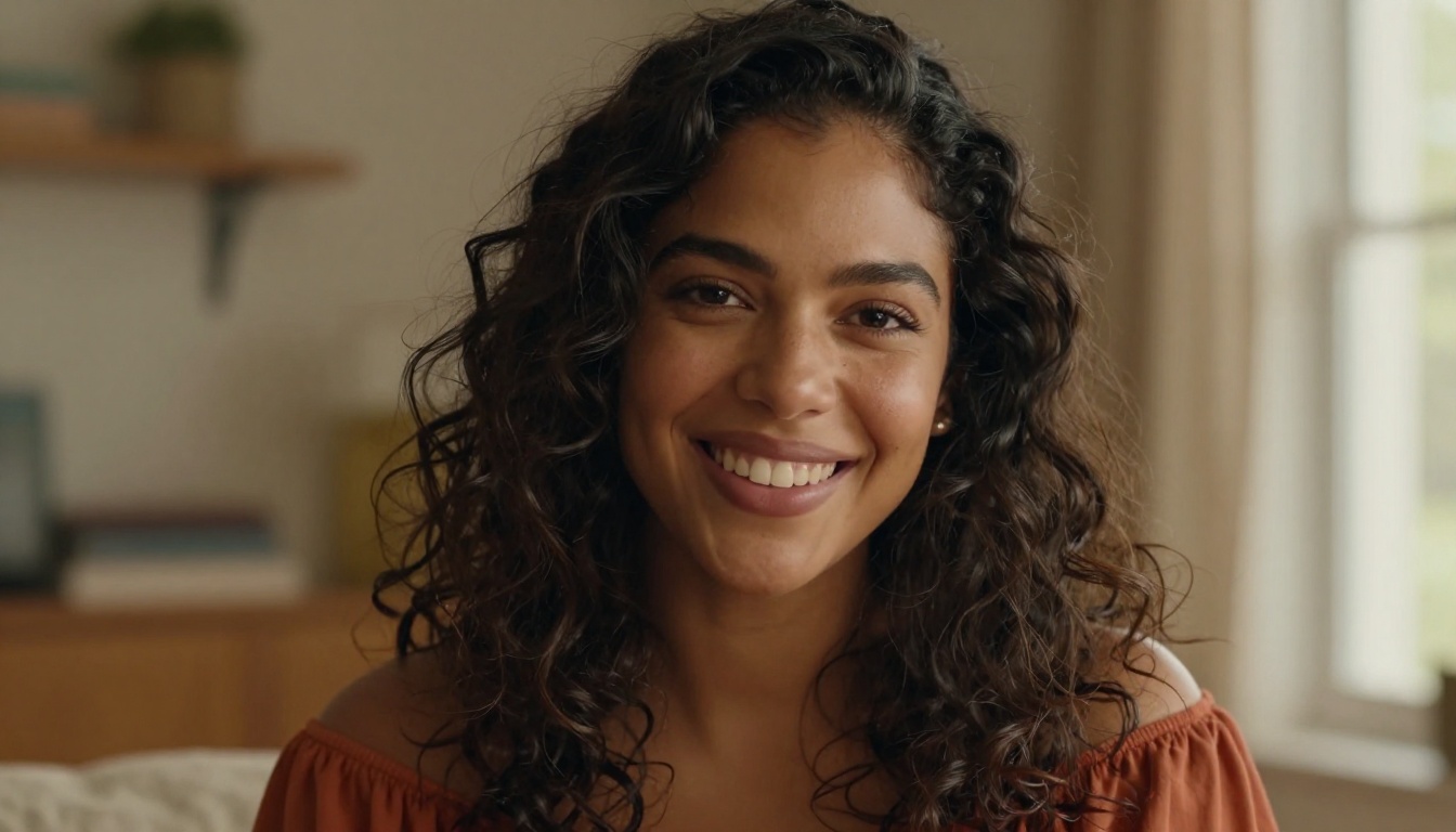 Gorgeous Latina woman with warm olive skin and dark wavy hair smiling warmly, cozy home setting